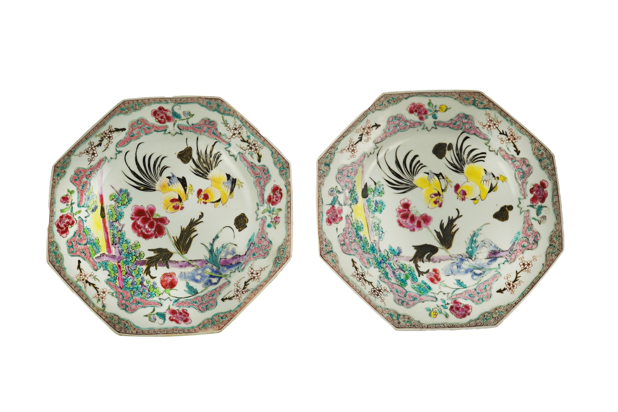 A pair of Chinese famille rose ‘cockerel’ octagonal plates, Yongzheng period